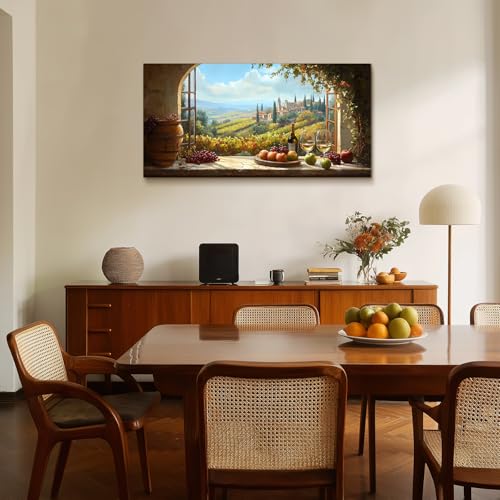 crmotu Faux Window Large Wall Art, Italian Wine Country Landscape Art Prints, Vineyard Picture Kitchen Wall Decor, Sunlit Rustic Grape Fields Paintings for Dining Room Hallway Basement 24x48 Inch