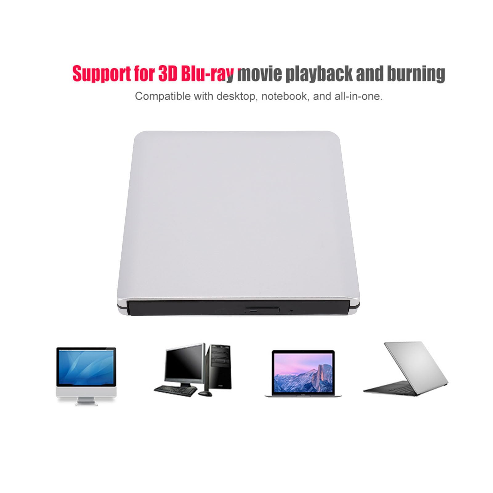 Akozon Unidad Externa de CD DVD, USB3.0 BLU Ray Laptop PC Unidad óptica Grabadora de Disco BD Externa Grabadora de BLU-Ray óptica Reproductor de ROM ultradelgado 3D