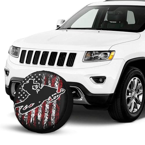 Image of Vintage American Flag Snowmobiling Snowmobile Rider Spare Tire Cover Wheel Protectors Dust-Proof Sun Protection Wheel Tire Covers Universal Fit for Truck SUV RV Camper Trailer 16 inch