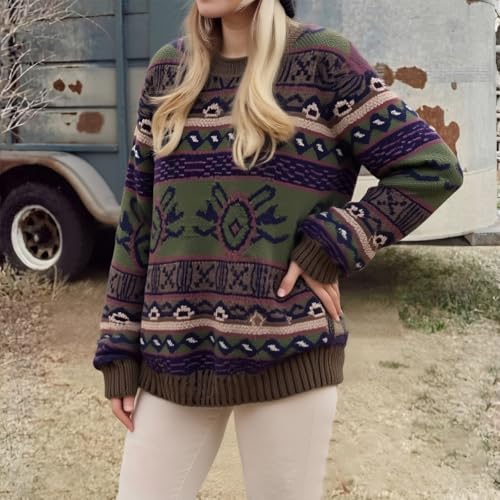 Image of Women Vintage Striped Pullover Sweater Y2k Long Sleeve Crew Neck Loose Knit Sweaters Fall Winter Knitwear