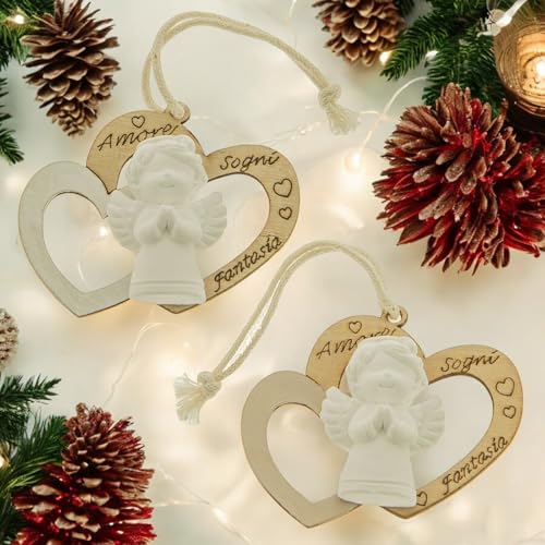 Doni Bomboniere 6PZ Appendino Angioletto in Gesso di Natale in Legno con Cuore Fai da Te Addobbi Natalizi Decorazioni Albero di Natale Pacco Regalo Incisione Originale Economico Gadget Famiglia
