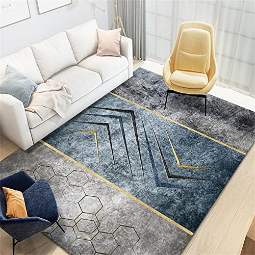 Tapis lavable grand format 200x250cm moderne abstrait bleu et or