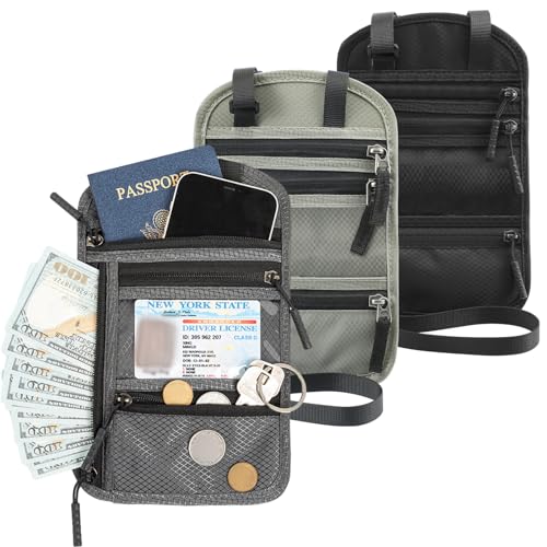 Image of Dunzoom 3 Pack Neck Wallet Rfid Blocking Passport Holder for Travel 9.06 x 5.91 Waterproof and Slim Travel Pouch with Adjustable Neck Strap for Men Women to Secure Cash and Credit Cards