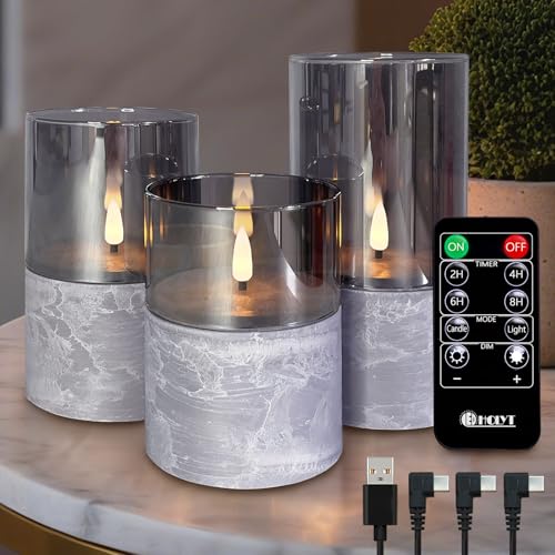 Image of LEDHOLYT Rechargeable Marble Flameless CandlesGray Glass Marble Finish Pillar Candle with Remote &Timer, Decorative Candles for Living Room, Holiday Decor& Gifts for Women.Set of 3