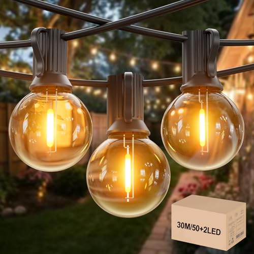 GLOBELIT 30M Lichterkette Außen Strom - IP45 Wasserdicht mit 50+2 G40 Glühbirnen (Warmweiß), Outdoor LED lichterketten Kann in Reihe...