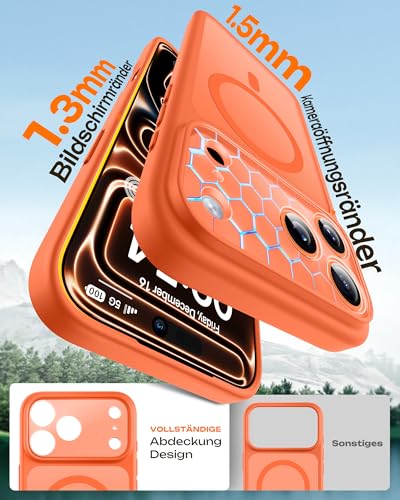 TOCOL für iPhone 17 Pro Max Hülle für MagSafe, Vollständiger Kameraschutz, Eingebauter Magnetring, Stoßfest Kratzfest Transluzente Matt Handyhülle für iPhone 17 Pro Max Case 6,9 Zoll, Orange 6