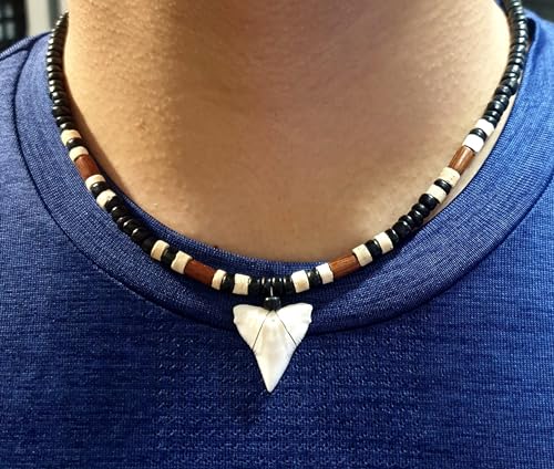 Generic Genuine Mako Shark Tooth Beads Surfer Necklace for Men Women a Handmade Boho Bohemian Jewelry GA390-N, Black & White3