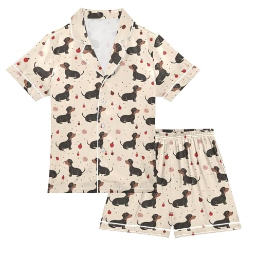 Dachshund Pattern Summer Satin Pajama Set, Cute Button-Down Sleepwear Pj Set for Sleep Wears
