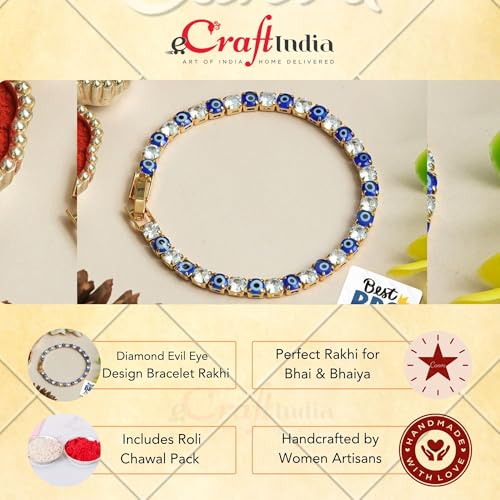Image of eCraftIndia Navy Blue Diamond Evil Eye Design Bracelet Rakhi for Brother Bhaiya Bhai Bhabhi with Best Bro Ever Fridge Magnet | Roli Chawal Pack