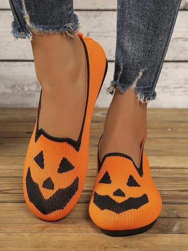 Women's Fashion Halloween Canvas Sneakers 2025,Halloween Pumpkin Ghost Pattern Loafers Soft Comfortable Knitted Walking Canvas Sneakers Low Top Slip on Mesh Breathable Loafers2