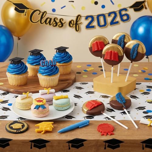 Image of Sakolla 2 Pack 2026 Graduation Candy Chocolate Molds, Doctoral Cap Diploma Scroll Badge Pen Shape Fondant Silicone Molds for Party Cake Decoration(Mini /Grey)