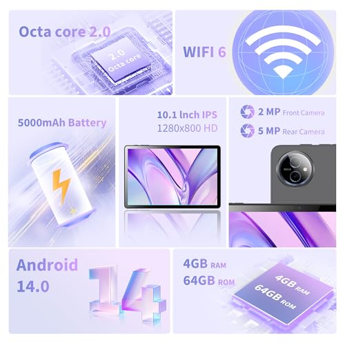 Image of Veidoo 10.1-Inch Tablet, 8 GB RAM 64GB ROM（Included 4GB Virtual Memory 1TB Expandable, Android 14 Tablets with Octa-Core Processor, WiFi 6, IPS HD Touchscreen, Dual Camera, Bluetooth 5.0, GPS