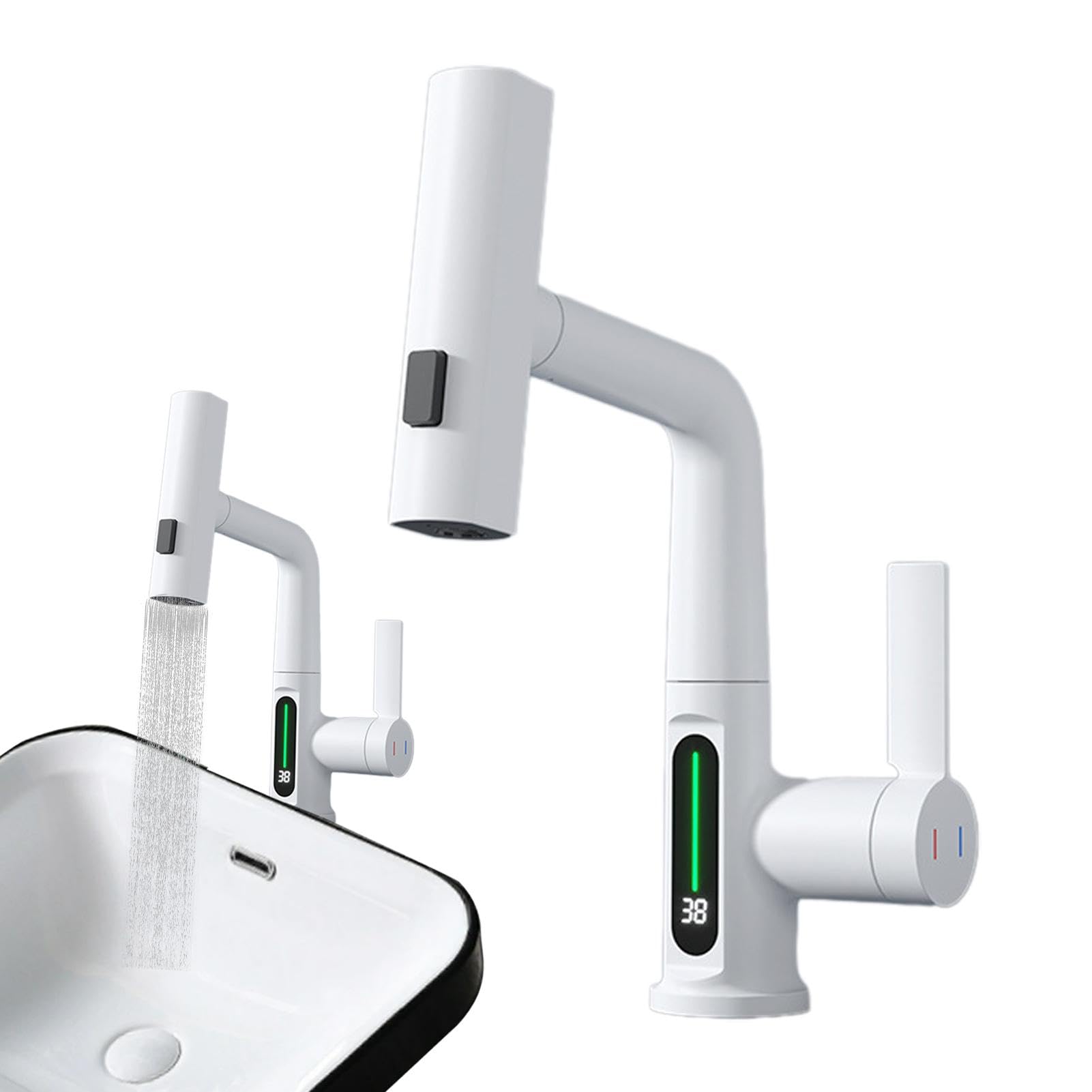 Robinet rotatif cascade avec douchette extractible pour lavabo et cuisine
