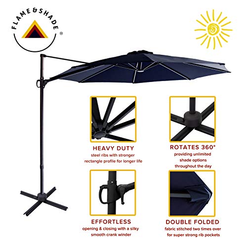 FLAME&SHADE 10 ft Cantilever Offset Outdoor Patio Umbrella with Base Stand Rotate and Tilt - Navy Blue