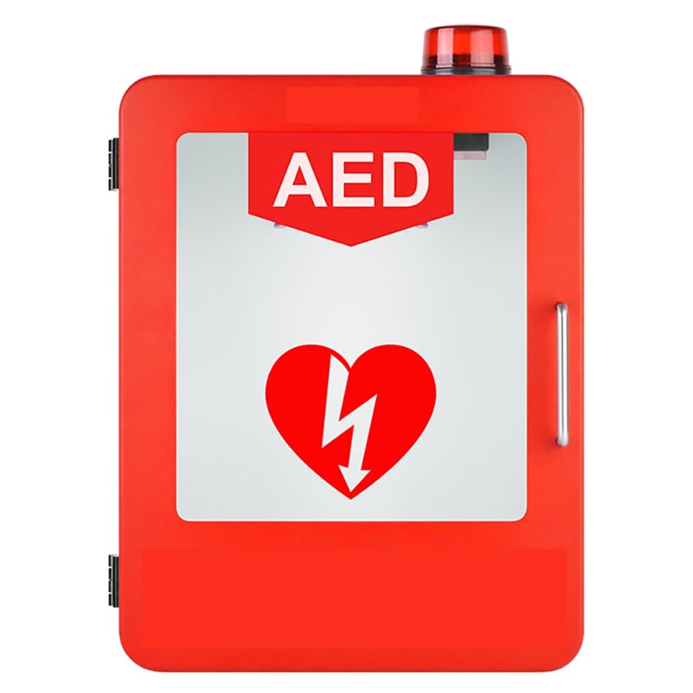 AED-Defibrillator-Aufbewahrungsschrank, wandmontierter Defibrillationsalarmkasten mit Licht und Alarmsystem, Erste-Hilfe-Koffer mit Doppelschaltersteuerung, abgerundetes Eckendesign (Farbe: Rot)