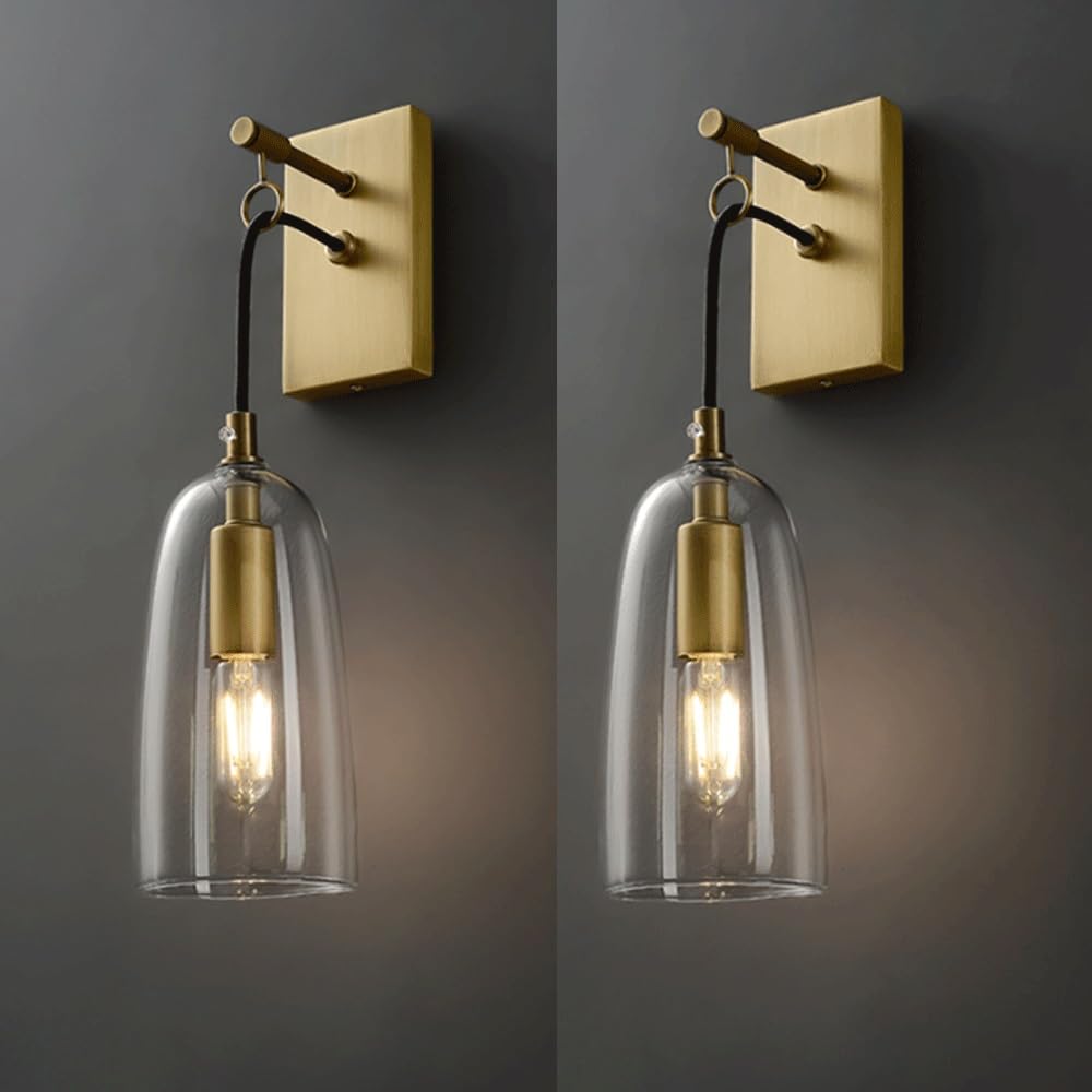 Apliques de Pared para baño (Paquete de 2), Estilo Industrial de Mediados de Siglo, de Cobre con Pantalla de Vidrio Transparente, Casquillos E14/E12, lámparas de Pared con cableado para dormitori