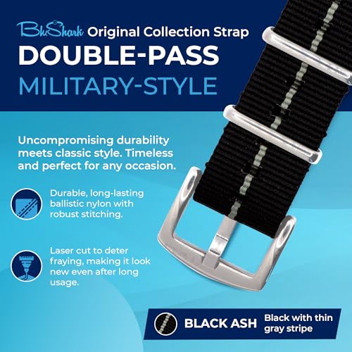 Image of BluShark - Original Collection Military-Style Waterproof Watch Strap, Fits All Timepiece Brands, Durable Nylon Wristwatch Accessories with Stainless Steel Buckle - 18mm, 20mm, 22mm & 24mm Watch Bands