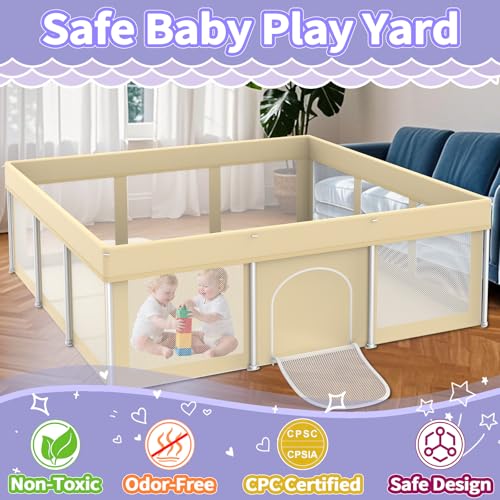 Image of Foldable Playpen for Babies and Toddlers,71 inchx71 inch Collapsible Play Pen with 150 Ball Pit Balls, Portable Indoor & Outdoor Play Yard, Baby Fence with Carry Bag, Mat Not Include, Beige