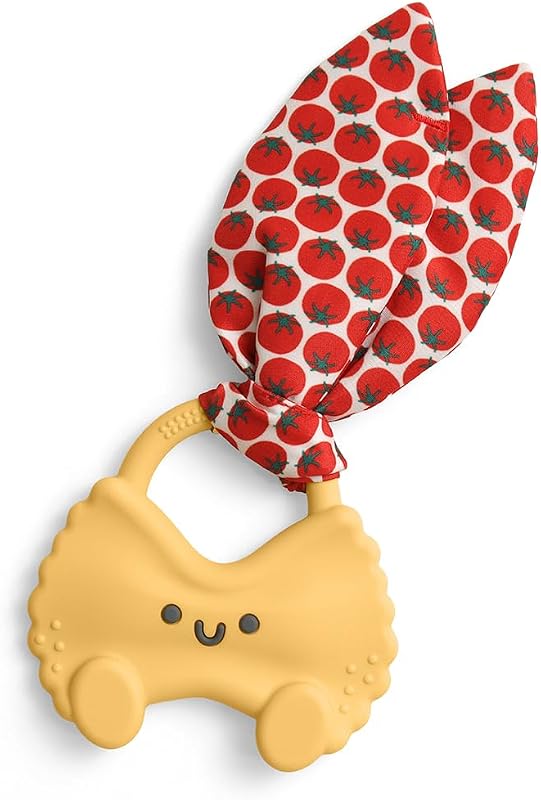 Silicone Baby Teether, Crinkle Sensory Toy with Handle (Pasta) | BPA-Free Textured Silicone Teether with Crinkle Fabric Tie, Easy-Grip Handle & Textured Surfaces for Soothing Teething Relief