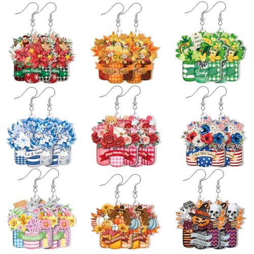 Glenmal 9 Pairs Fall Holiday Earrings for Women Halloween Christmas Gnome/Truck/Floral Vase Acrylic Drop Dangle Earring(Novel Style)