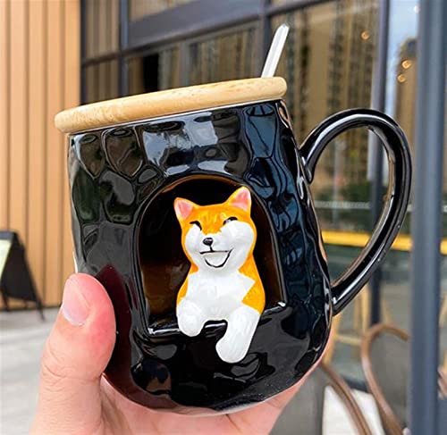 WGLL Taza Animal estereoscópica, Taza de Leche de cerámica, con Tapa de Madera y Cuchara de Acero Inoxidable, 400 ml - Imagen 4