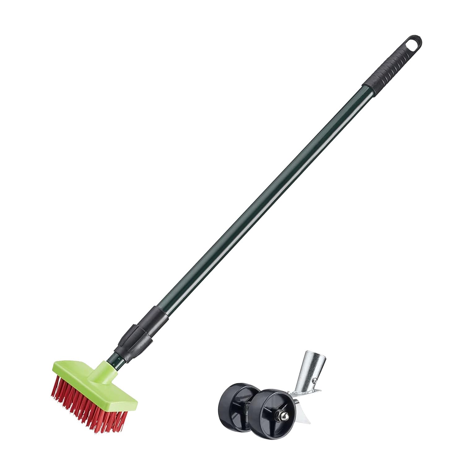 2pc Telescopic Weed Brush Broom Head & Wheeled Weed Scraper - Garden Path Driveway Patio Deck Moss Scrub Block Paving Flag Weed Remover