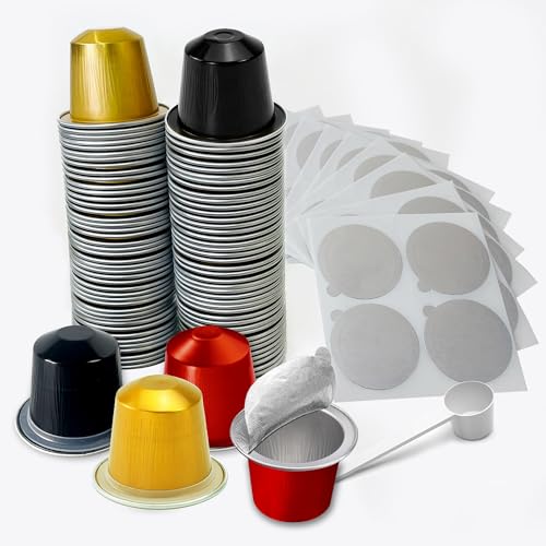 Cápsulas de café recargables para la línea original de Nespresso, cápsula de filtro de café de aluminio desechable, kit de cápsulas de repuesto para cafetera Nespresso (60 cápsulas + 60 tapas de