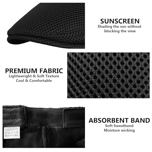 Image of meioro Men's Mesh Flat Cap Summer Breathable Newsboy Hats Beret Ivy Cap Gatsby Irish Cabbie Driving Hat Full Head Wrap