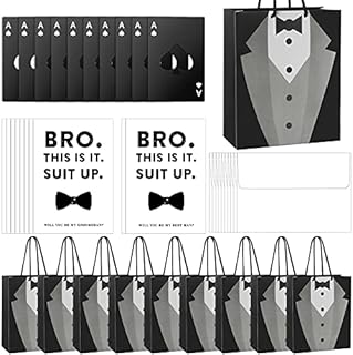10 Set of Groomsmen Present Include 10 Groomsmen Tuxedo Proposal Gift Bags 10 Steel Credit Card Size Bottle Opener Cap 10 Groomsman Suit Up Invitation Cards with 10 White Envelopes for Wedding Party