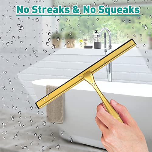 Shower Squeegee For Glass Doors,12-Inch Shower Glass Squeegee, Gold Shower Squeegee For Shower Doors,Mirror,Windows, With Shower Door Hook And Adhesive Hook #TOP1
