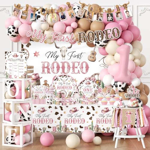 My First Rodeo Decorations Girl 220pcs Western Cowgirl First Rodeo Birthday Decorations Girl Plates and Napkins Cups Banner Backdrop Tablecloth Cake Topper Balloon for Rodeo Theme Party Decorations
