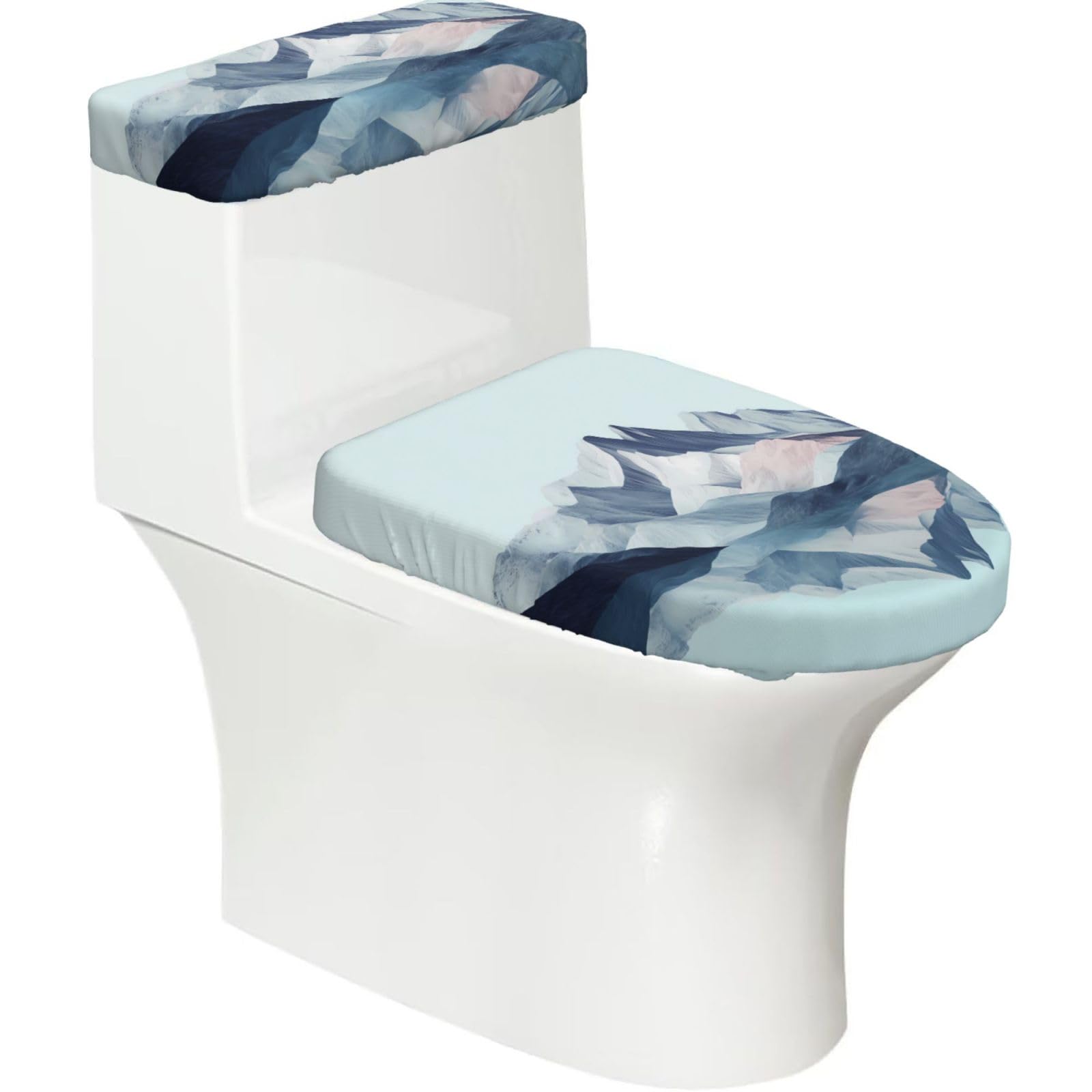 Wzycwb Black Reflected Mountains 2-Piece Toilet Seat Cover Set With Tank Lid, Elastic Fit For U-Shape & Elongated Toilets, Bathroom Decor, Housewarming Gift