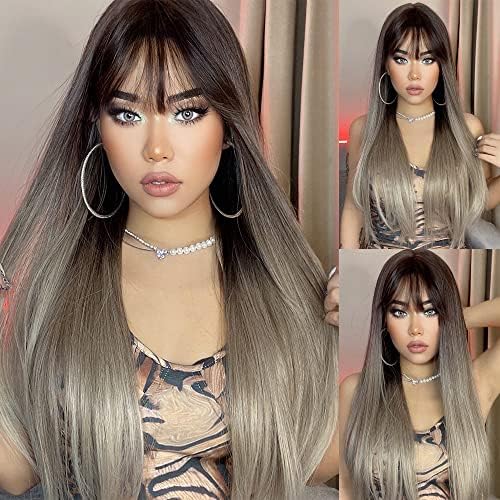 Amazon Com Basha Long Straight Brown Blonde Golden Highlights Ombre Full Wig Hair For Women Lady Girl Middle Part With Side Bangs Dark Black Roots 26 Inches Synthetic Natural Looking Wig Clothing