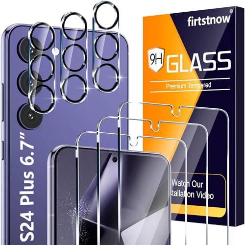 firtstnow 3 Pack for Samsung Galaxy S24 Plus Screen Protector Tempered Glass + 3 Pack Camera Lens Protector Military Grade Shatterproof 9H Hardness Fingerprint Unlock Case Friendly 6.7 Inch