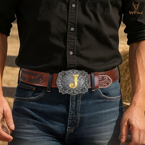 Western Cowboy Leather Belt Men Women, Gold Initial Letters ABCJMZ Buckle Embossed Belt for Jeans