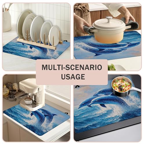 Image of Blue Jumping Dolphins Stove Top Cover for Electric Stove, Heat Resistant Glass Cooktop Cover, Stovetop Protector, Dish Drying Mats Cover for Ceramic Washer Top 28x20 inch