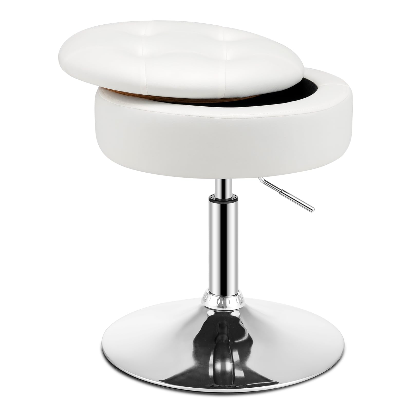 HOMASIS Taburete de tocador Redondo con Espacio de Almacenamiento, Taburete Regulable en Altura 51-66cm, Taburete Asiento PU con Espacio para Guardar Cosas, Silla giratoria de 360° (Blanco)