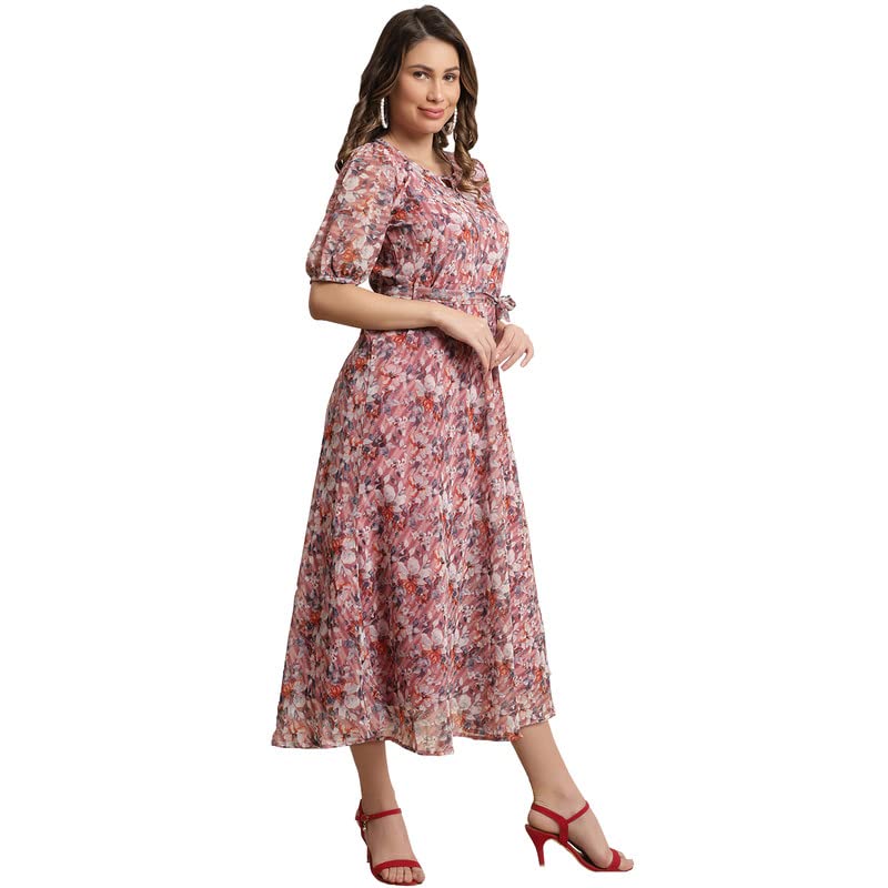 Preneum Women Fit & Flare Latest Style Print Georgette Regular Sleeves Casual Summer Maxi Dress | Festival & Occasion, Peach, S