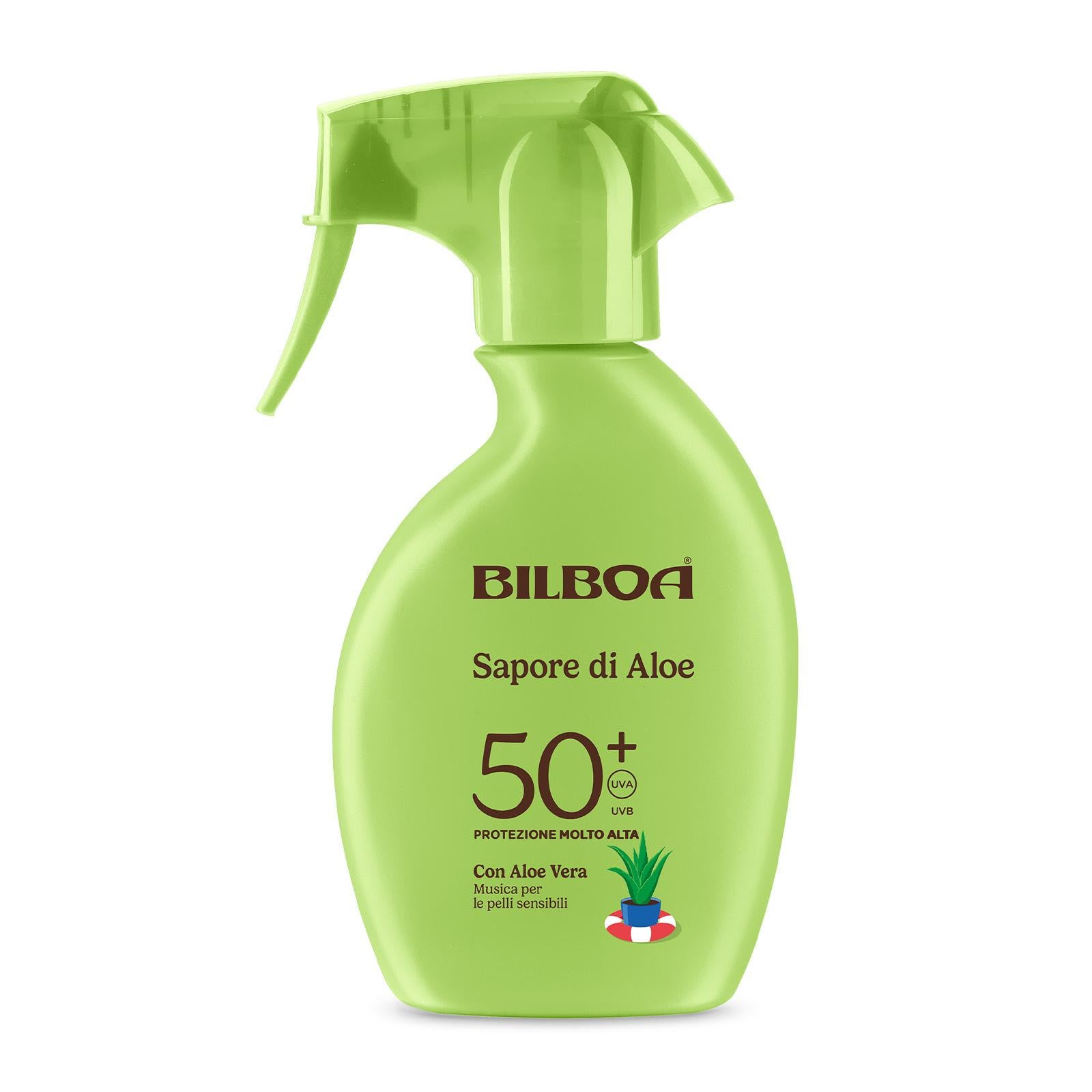 Bilboa, Sapore di Aloe, Crema Solare Spray SPF 50+, Protezione Solare con Profumo di Aloe Vera, Ideale per Pelli Sensibili, Texture Fresca e Leggera, Resistente all’Acqua, 250 ml
