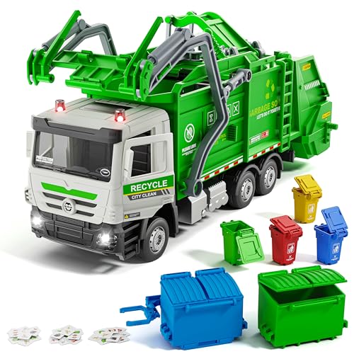Yewkou Garbage Truck Toy, Friction Powered Recycling Vehicles with Lights & Sounds, Includes 2 Dumpsters, 4 Trash Bins, 60 Garbage Sorting Cards, Great Gift for Boys Girls Kids Age 3 Years and Up