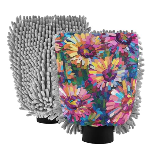 IOACIY Absorbent Microfiber Car Wash Drying Mitts, 2 Pack, Scratch-Free & Lint-Free, Rich Foam, Highly Absorbent, Double Sided, Wash Mitt Perfect for Car Washing, M, Flower (12)