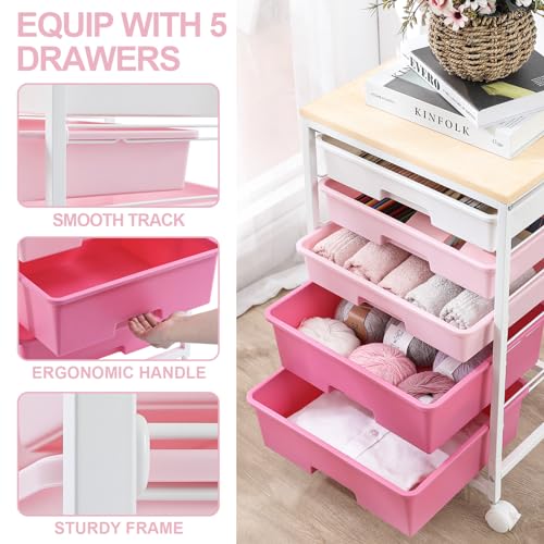 Image of SYKIARIOL Utility Cart with 5 Drawers,Storage Drawer Cart with Wooden Tabletop and Lockable Wheels,Craft Storage Trolley Cart,5-Tier Rolling Utility Cart on Wheels,Rose Pink