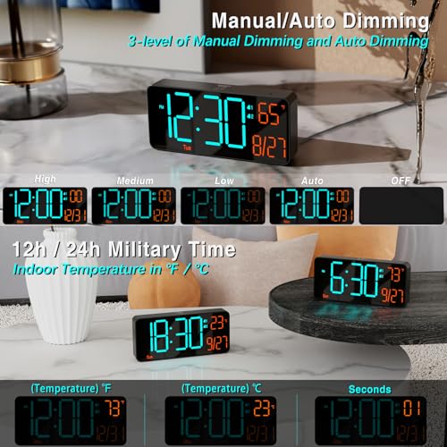 Image of KOSUMOSU Digital Clock for Bedroom 6.7in Alarm Clocks for Living Room, Auto Dimming,Date,Week,Seconds,Indoor Temperature, Small Digital Alarm Clock for Classroom,LED Alarm Clocks for Bedrooms