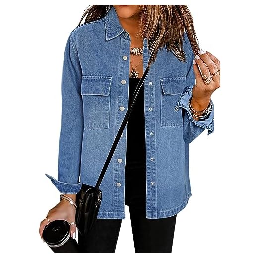 Roskiky Vestes en jean pour femme boutonnées en denim avec poches, bleu moyen, M