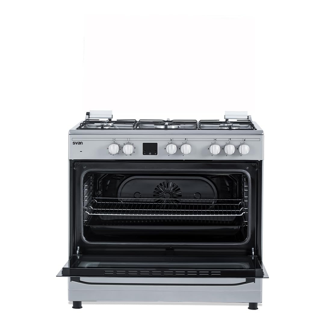 Svan Cocina Mixta gas Butano 5 Zonas de Cocción, Horno 97 L, Inox SKMW5901X. Control Manual, Quemador WOK triple llama, 9 Programas de Cocción, Tapa Abatible