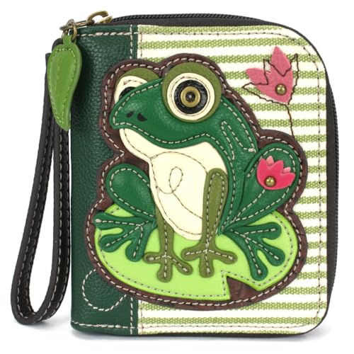 Image of CHALA Zip Around Wallet, Wristlet, 8 Credit Card Slots, Sturdy Pu Leather - Lily Frog - green stripe