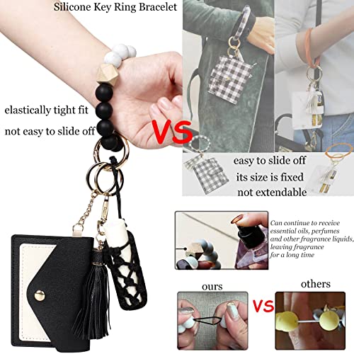Bihrtc Keyring Wallet Keychain Silicone Beads Bracelet Wristlet With Hand-Knitted Net Chapstick Holder Bag Pu Leather Tassel For Women And Girls House Car Keys Ring Holder Bangle #TOP5
