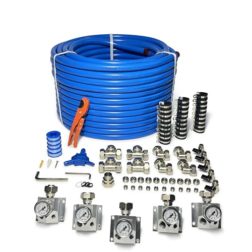 Compressed Air Piping System with 3/4 Inch ID x 200 feet 5-Way Multi-Outlet Aluminum Manifolds with individual Pressure Gauge HDPE Tubing Shop Air Line Kit Air Compressor Line Kit | 200 PSI | 9120G