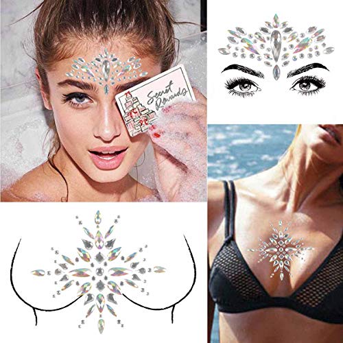 COKOHAPPY 2 Sheet Mermaid Rhinestone Breast & Face Jewels Tattoo - BODY STICKERS Crystal Tears Gem Stones Bindi Temporary Stickers