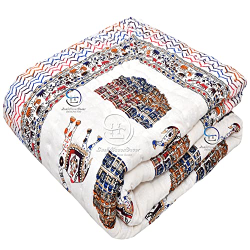 Image of 380 GSM Jaipuri Hand Block Design Big Camal and Heritage Hawamahal Printed Winter Cotton Double Bed Quilt Razai - King Size Multicolor, Rajai, Skinfriendly